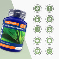 Blue Saw Palmetto 3000mg bottle tilted left beside a column of circular icons indicating GMO Free Gluten Free Dairy Free Nut Free Wheat Free Soya Free Fish Free Egg Free Shellfish Free and Vegan Free.