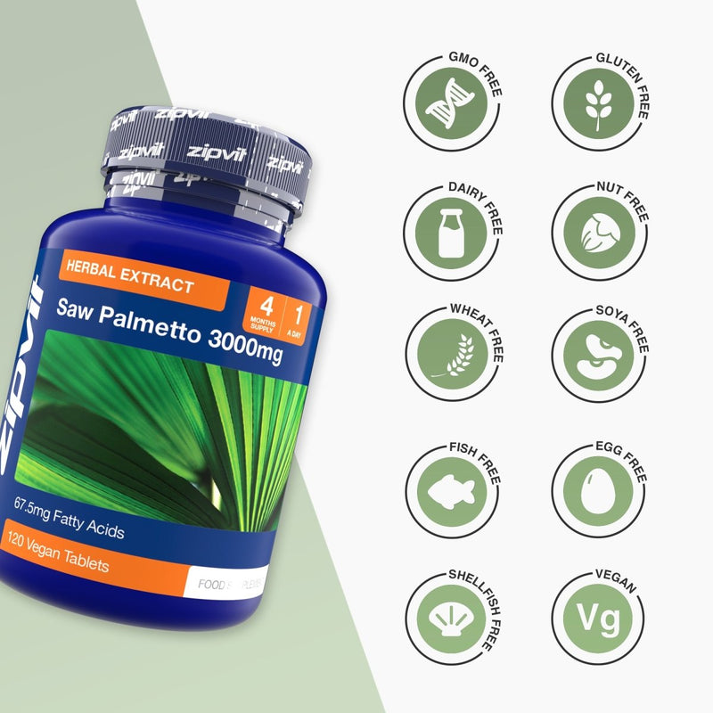Blue Saw Palmetto 3000mg bottle tilted left beside a column of circular icons indicating GMO Free Gluten Free Dairy Free Nut Free Wheat Free Soya Free Fish Free Egg Free Shellfish Free and Vegan Free.
