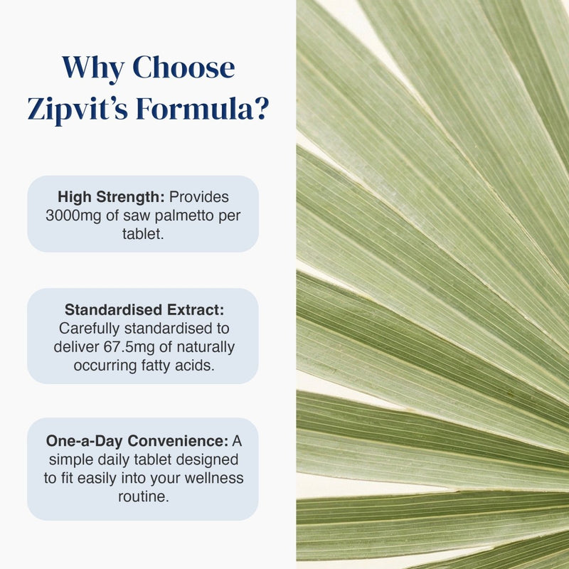 Promotional graphic for Zipvit's formula tablets, featuring text on the left explaining benefits like high strength and standardised extract, next to a close-up photo of green palm leaves on the right.