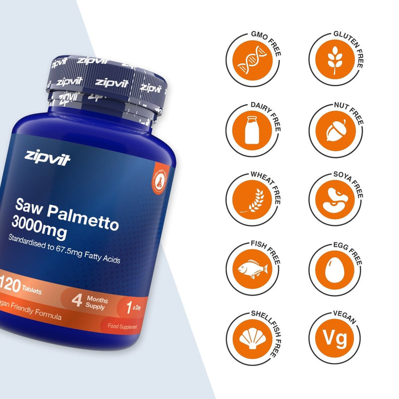 A blue bottle of zipvit Saw Palmetto 3000mg dietary supplement on a white background with multiple orange circular icons indicating dietary features like GMO Free, Gluten Free, Dairy Free, Nut Free, Wheat Free, Soya Free, Fish Free, Egg Free, Shellfish Free, and Vegan.