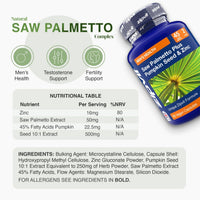 Saw Palmetto Plus Pumpkin Seed and Zinc bottle with three circular icons for Men's Health Testosterone Support Fertility Support and a nutrition table