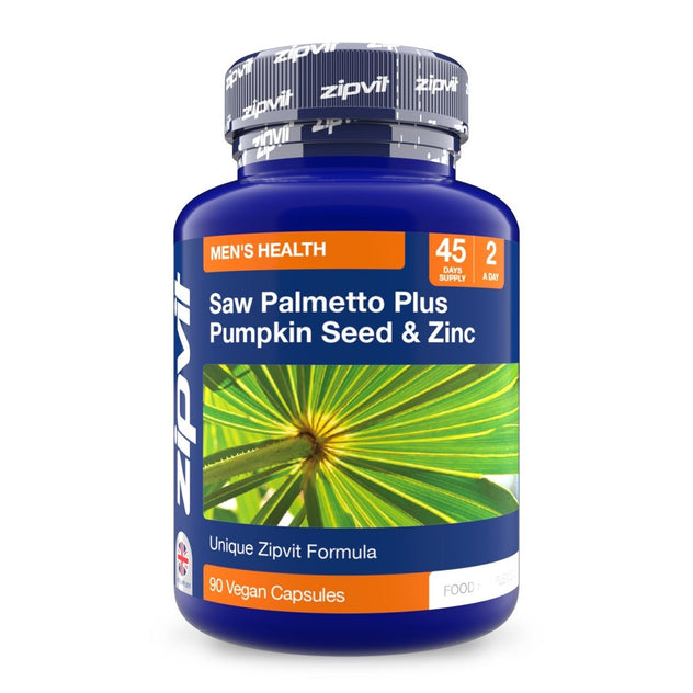 Blue bottle labeled Saw Palmetto Plus Pumpkin Seed & Zinc for men's health, 90 vegan capsules.