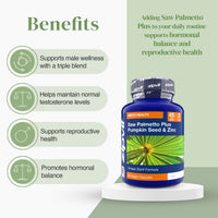Blue Saw Palmetto Plus Pumpkin Seed & Zinc bottle with bold label and green leaf artwork.