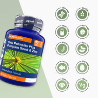 Blue Saw Palmetto Plus Pumpkin Seed and Zinc bottle with multiple dietary icons on the right including GMO Free Gluten Free Dairy Free Nut Free and more
