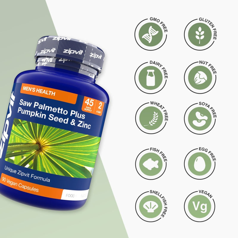 Blue Saw Palmetto Plus Pumpkin Seed and Zinc bottle with multiple dietary icons on the right including GMO Free Gluten Free Dairy Free Nut Free and more
