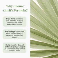 Why Choose Zipvit's Formula infographic showing three benefit panels and a palm leaf image.