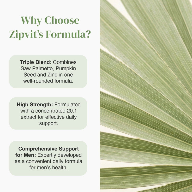 Why Choose Zipvit's Formula infographic showing three benefit panels and a palm leaf image.