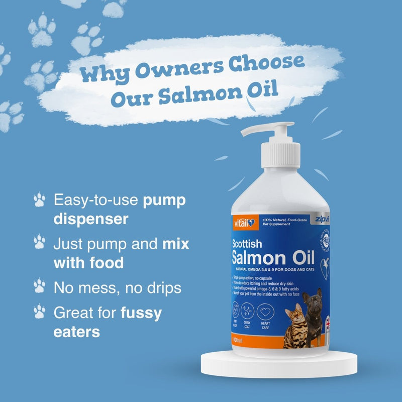 Blue background with a pump bottle of Scottish Salmon Oil on the right and bullet points about easy use and no mess
