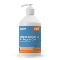 A white plastic pump bottle of zipvit Vitaliti Scottish Salmon Oil for dogs and cats, featuring a blue and orange label, on a white background.