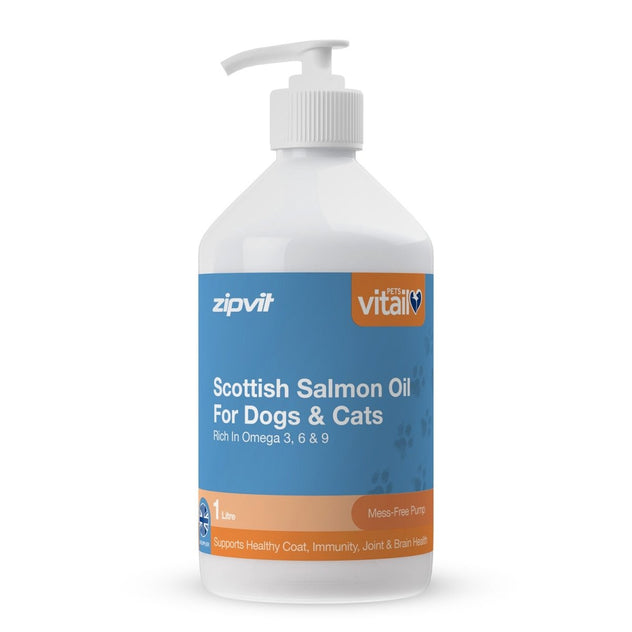 A white plastic pump bottle of zipvit Vitaliti Scottish Salmon Oil for dogs and cats, featuring a blue and orange label, on a white background.