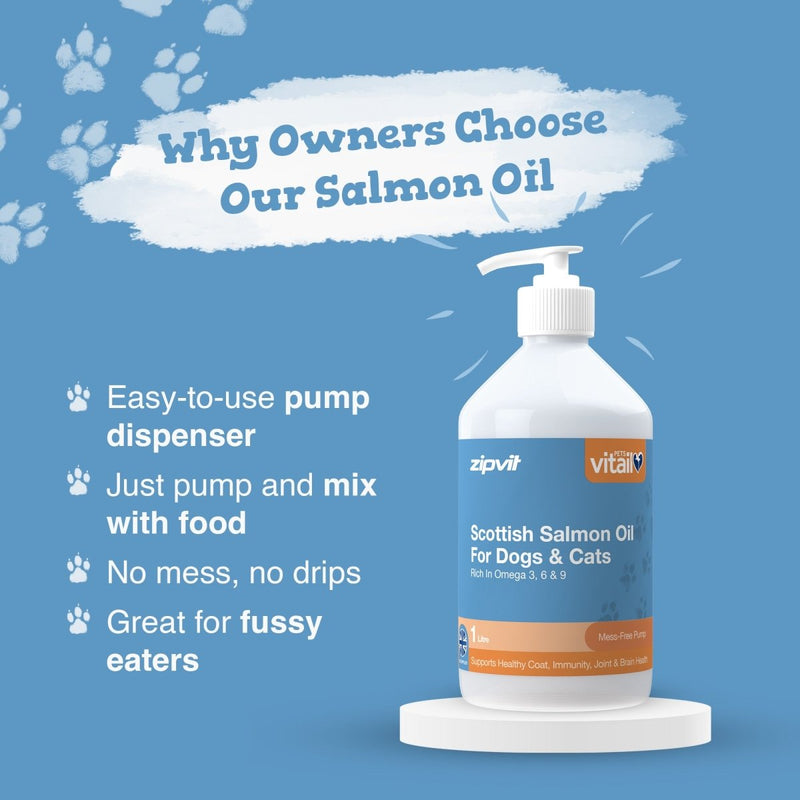A bottle of zipvit Vitality Scottish Salmon Oil for dogs and cats, displayed on a white pedestal against a blue background with promotional text and paw prints.
