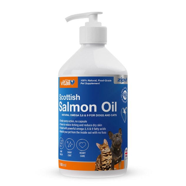 White pump bottle of Scottish Salmon Oil for Pets with blue label indicating omega fatty acids for dogs and cats