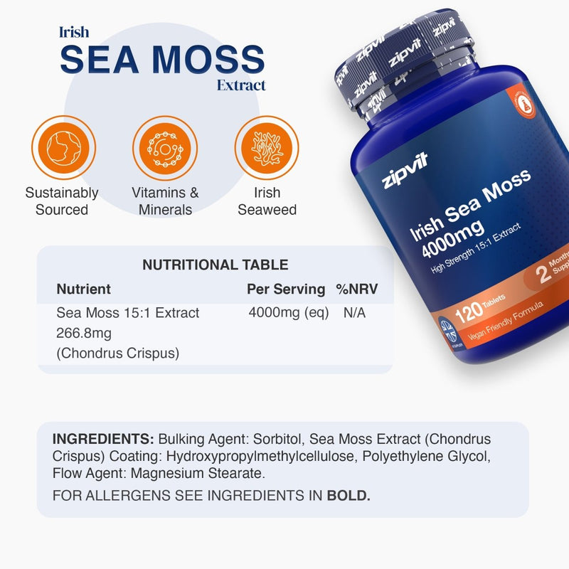A bottle of zipvit Irish Sea Moss 4000mg dietary supplement shown on a light gray background with product information, icons, and a nutritional table. The bottle is dark blue with an orange label and a black cap.