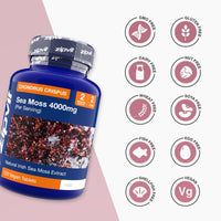 Sea Moss 4000mg bottle with a grid of dietary badges showing GMO free gluten free dairy free nut free vegan and other allergen free labels.