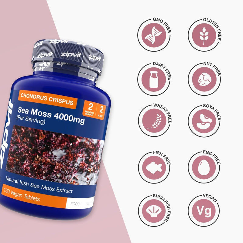 Sea Moss 4000mg bottle with a grid of dietary badges showing GMO free gluten free dairy free nut free vegan and other allergen free labels.