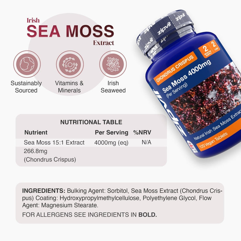 Blue Sea Moss 4000mg bottle angled on white background with a nutritional table and circular icons.