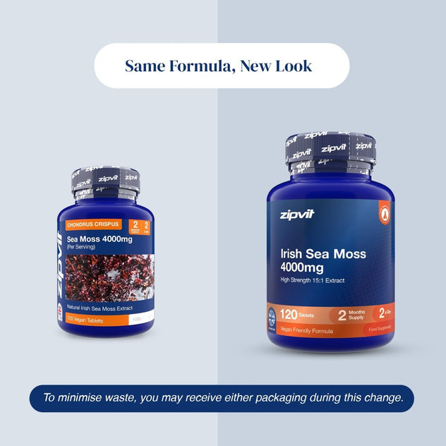 Two blue supplement bottles of zipvit Irish Sea Moss 4000mg shown side by side on a light gray background, with text reading 'Same Formula, New Look' and a note about minimizing waste due to packaging changes.