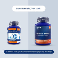 Two blue supplement bottles labeled zipvit Selenium 200mcg shown on a pale blue background with the text 'Same Formula, New Look' and a note about minimizing waste.