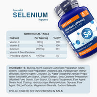Blue selenium supplement bottle angled beside a nutritional table showing vitamins A C E and selenium per serving.