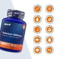 A blue bottle of zipvit Selenium 200mcg dietary supplement with 180 tablets, shown next to a column of orange circular icons indicating product attributes like GMO Free, Gluten Free, Dairy Free, Nut Free, Wheat Free, Soya Free, Fish Free, Egg Free, Shell/Fish Free, and Vegan.