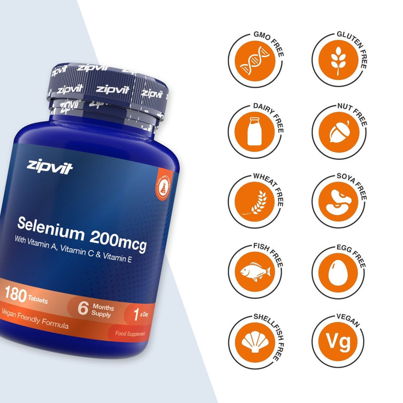 A blue bottle of zipvit Selenium 200mcg dietary supplement with 180 tablets, shown next to a column of orange circular icons indicating product attributes like GMO Free, Gluten Free, Dairy Free, Nut Free, Wheat Free, Soya Free, Fish Free, Egg Free, Shell/Fish Free, and Vegan.
