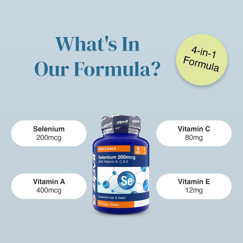 Blue Selenium 200mcg supplement bottle labeled with vitamins A C and E and a 4-in-1 Formula badge