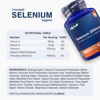 A supplement bottle labeled zipvit Selenium 2000mcg shown next to a white information card detailing the nutritional table and ingredients for 'Essential Selenium Support'.