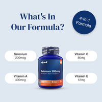 A blue supplement bottle labeled zipvit Selenium 200mcg with surrounding text callouts for Selenium 200mcg, Vitamin C 80mg, Vitamin A 400mcg, and Vitamin E 12mg, plus a dark blue badge reading 4-in-1 Formula, on a pale blue background.