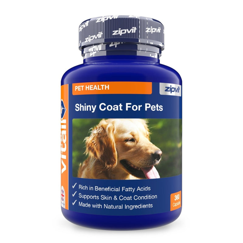 Blue Zipvit Shiny Coat For Pets bottle featuring a golden retriever on the label and coat and skin support benefits.