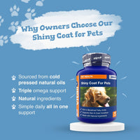 Blue background with Shiny Coat For Pets bottle on the right and bullet points about natural ingredients and omega support.