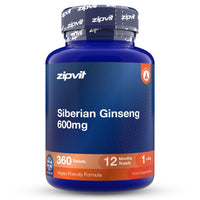 A blue plastic bottle of zipvit Siberian Ginseng 600mg dietary supplement, containing 360 tablets, on a clean white background.