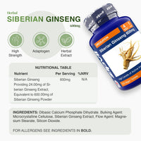 Siberian Ginseng 600mg bottle with three green icons labeled High Strength Adaptogen Herbal Extract