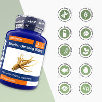 Siberian Ginseng 600mg bottle beside icons indicating GMO free gluten free dairy free nut free shellfish free vegan