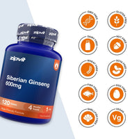 A bottle of zipvil Siberian Ginseng 600mg dietary supplement shown next to a column of orange circular icons indicating dietary certifications such as GMO Free, Gluten Free, Dairy Free, Nut Free, Wheat Free, Soya Free, Fish Free, Egg Free, Shell/Fish Free, and Vegan.
