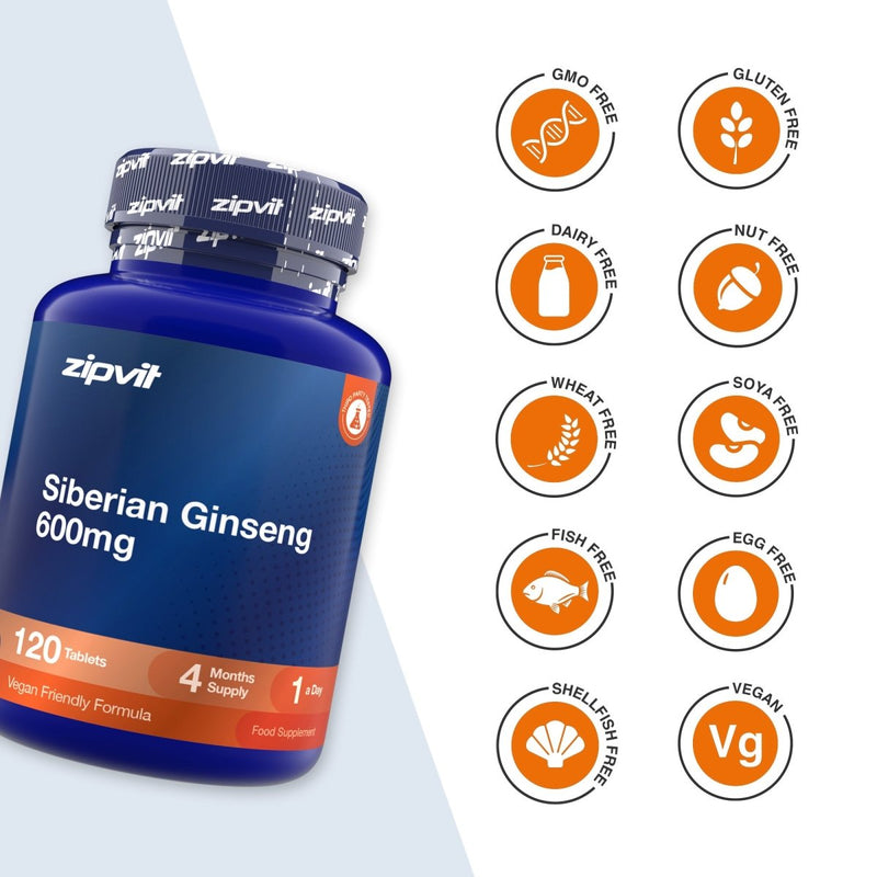 A bottle of zipvil Siberian Ginseng 600mg dietary supplement shown next to a column of orange circular icons indicating dietary certifications such as GMO Free, Gluten Free, Dairy Free, Nut Free, Wheat Free, Soya Free, Fish Free, Egg Free, Shell/Fish Free, and Vegan.