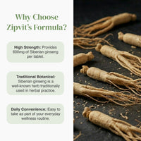 Ginseng roots on the right with a pale left panel listing Why Choose Zipvit's Formula