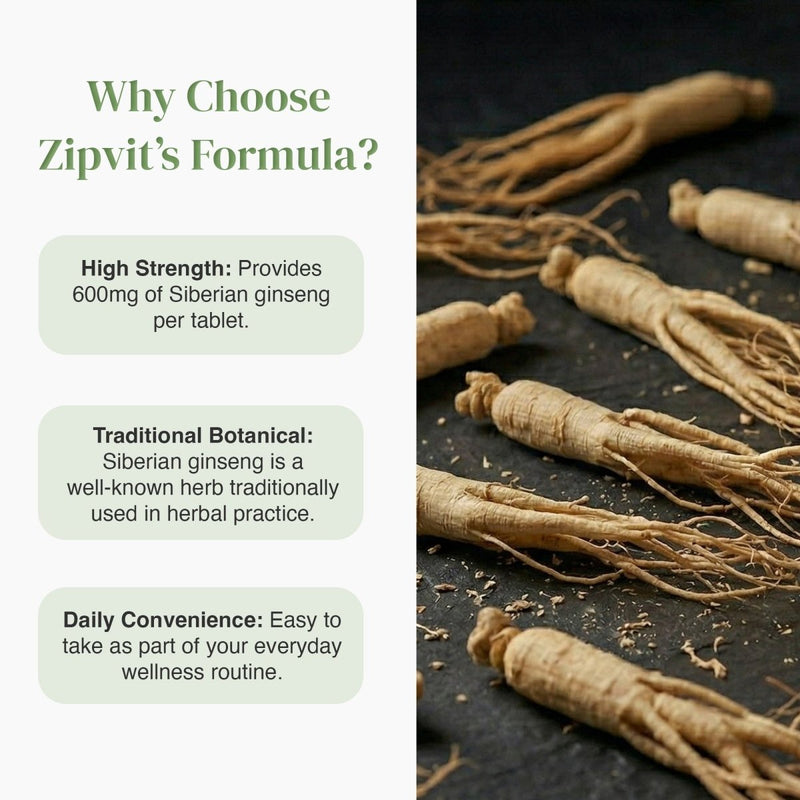 Ginseng roots on the right with a pale left panel listing Why Choose Zipvit's Formula