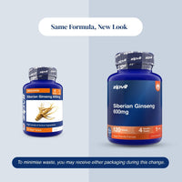 Two blue supplement bottles of zipvit Siberian Ginseng 600mg shown on a split light gray background with text reading 'Same Formula, New Look' and a note about minimizing waste.