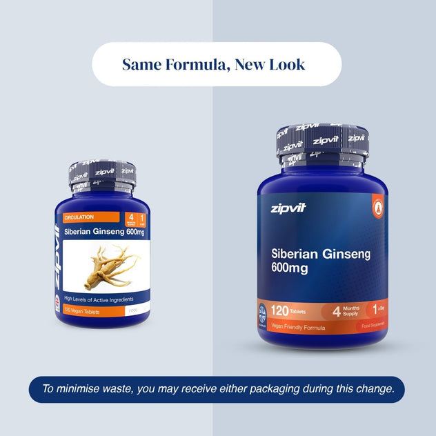 Two blue supplement bottles of zipvit Siberian Ginseng 600mg shown on a split light gray background with text reading 'Same Formula, New Look' and a note about minimizing waste.