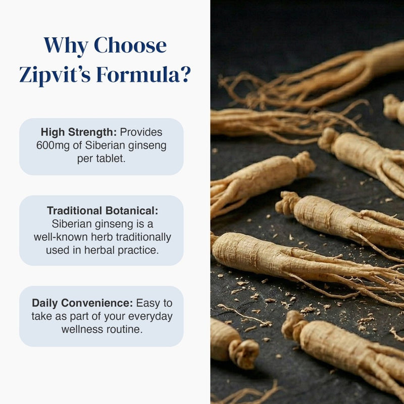 Promotional graphic for Zipvit's Formula featuring text on the left and a close-up photo of sliced Siberian ginseng roots on the right, set against a split white and dark background.