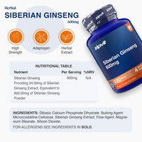 A bottle of zipvit Siberian Ginseng 600mg dietary supplement shown on a light gray infographic background with three orange feature icons and a nutritional table.