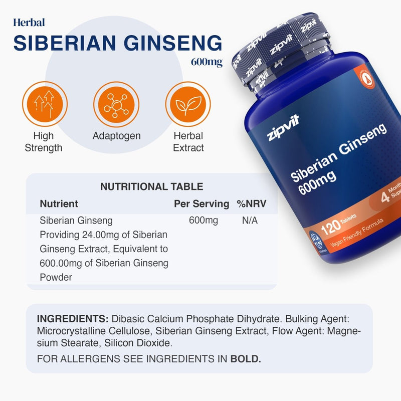 A bottle of zipvit Siberian Ginseng 600mg dietary supplement shown on a light gray infographic background with three orange feature icons and a nutritional table.