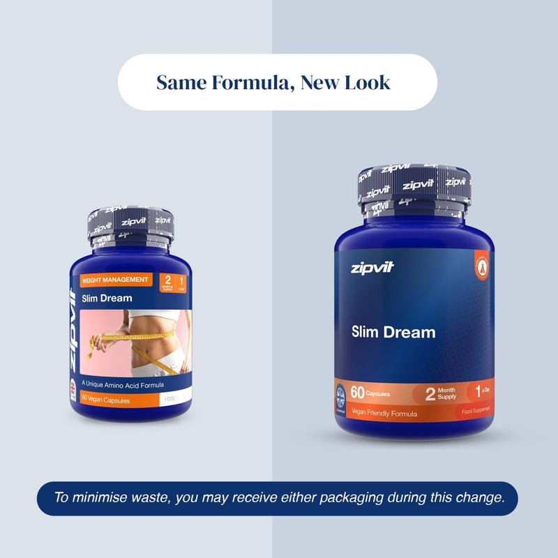 Two blue supplement bottles labeled zipvit Slim Dream are shown on a light gray background with text reading 'Same Formula, New Look' and a note about minimizing waste due to packaging change.