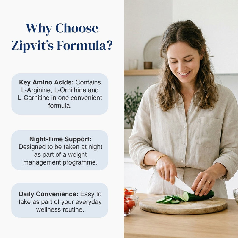 Promotional graphic for Zipvit's formula featuring text on the left and a woman slicing cucumber on a wooden board on the right, in a bright kitchen setting.