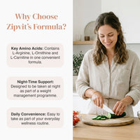 Split design with left panel listing Why Choose Zipvit’s Formula and three feature bubbles; right panel shows a woman chopping vegetables