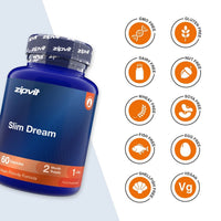 A blue bottle of zipvit Slim Dream dietary supplement capsules shown next to a column of orange circular icons indicating product attributes such as GMO Free, Gluten Free, Dairy Free, Nut Free, Wheat Free, Soya Free, Fish Free, Egg Free, Shell/Fish Free, and Vegan.