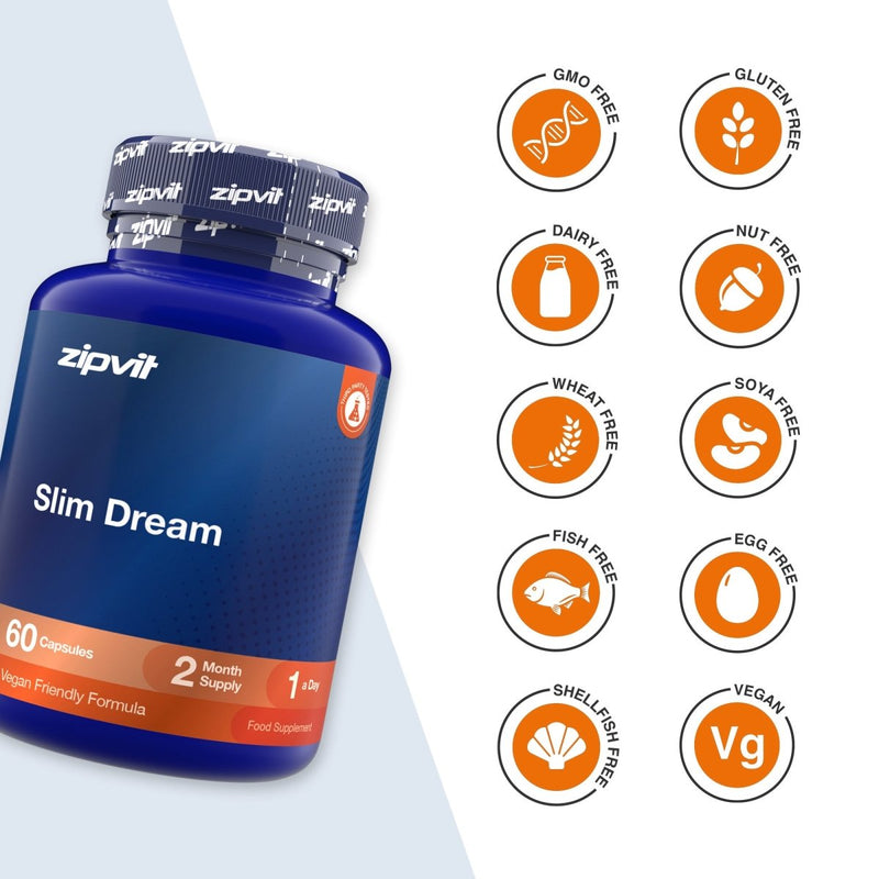 A blue bottle of zipvit Slim Dream dietary supplement capsules shown next to a column of orange circular icons indicating product attributes such as GMO Free, Gluten Free, Dairy Free, Nut Free, Wheat Free, Soya Free, Fish Free, Egg Free, Shell/Fish Free, and Vegan.