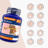 Slim Dream weight management capsule bottle in blue with a measuring tape around a model’s abdomen, vegan capsules.