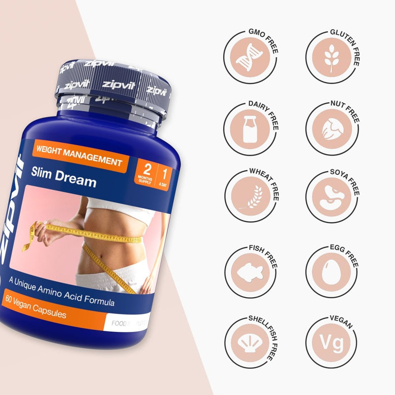 Slim Dream weight management capsule bottle in blue with a measuring tape around a model’s abdomen, vegan capsules.