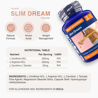 Slim Dream bottle tilted to the right beside a panel listing natural formula amino acids and weight management icons